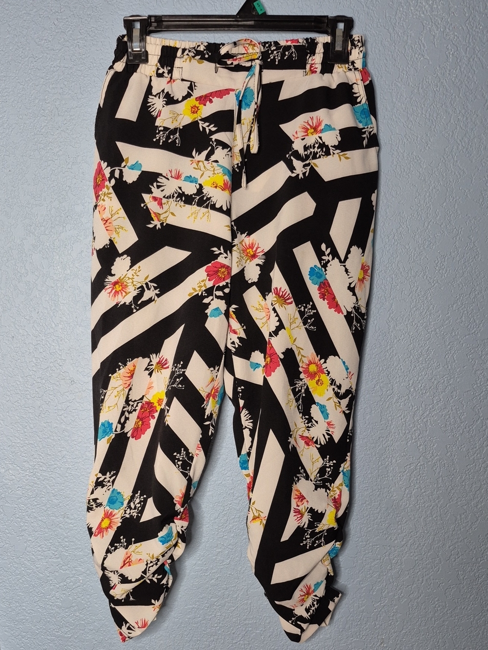 Y2k Black & Cream Floral Stripe Harem Pants SpaceGirls